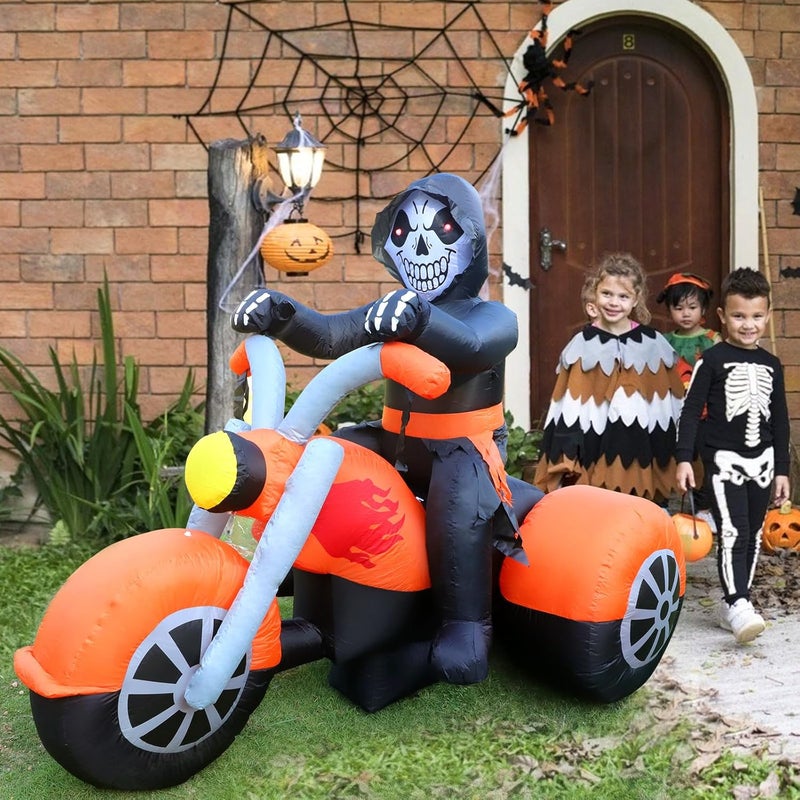 FunFanso 6 FT Halloween Inflatable Skeleton Ghost Riding on Motorcycle Bike, Blow Up Outdoor Decoration Clearance with Built-in LED Lights for Yard Garden Lawn Home Party Decorations - Image 3